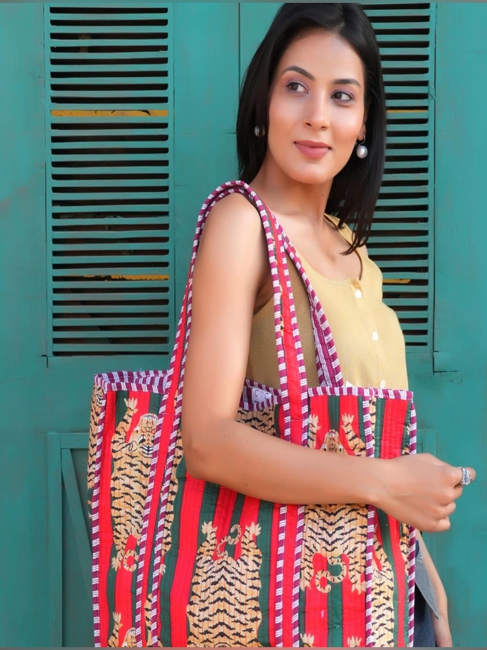 Wolf & Badger | The Ultimate Tibetan Tiger Tote | Green & Red